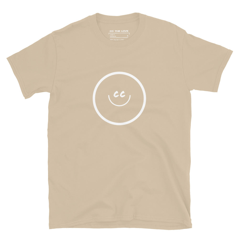 Sand t-shirt with Smile Icon in white, minimalist design in the middle.