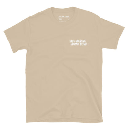 Sand t-shirt with '100% Original Human Being' in white text, minimalist design on chest.