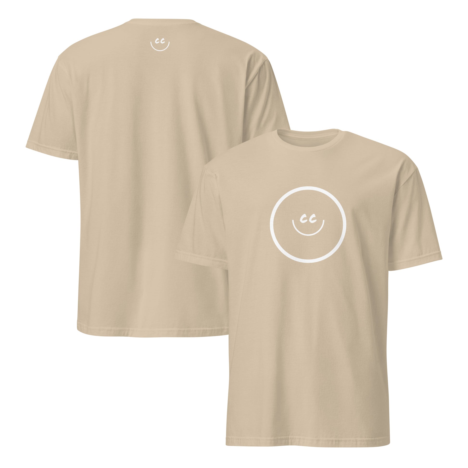 Sand t-shirt with Smile Icon in white, minimalist design in the middle. Smile Icon on the back.